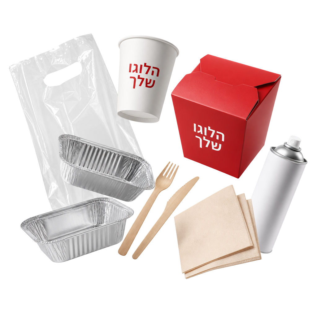 מגוון מוצרי אריזה וכלים חד-פעמיים עם אפשרות להדפסת לוגו של O&B